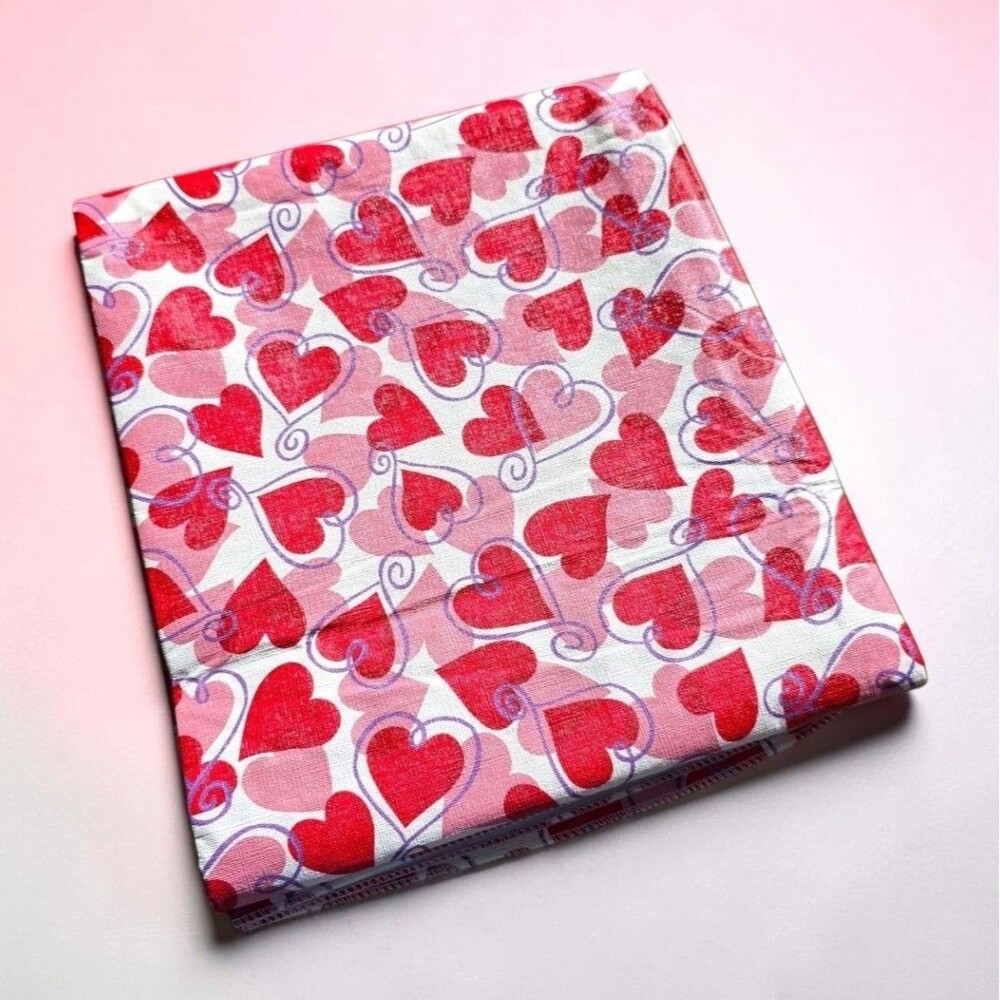 Vintage Valentine's Day Tablecloth Red Purple Pink Hearts Flannel Back Vinyl Lg